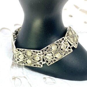 Vintage Art Deco filigree sterling silver and marcasite panel bracelet